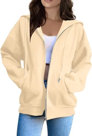 Womens Zip Up Hoodies Solid Color Long Sleeve Sweatshirts Casual Loose Lightweight Jacket with Pockets