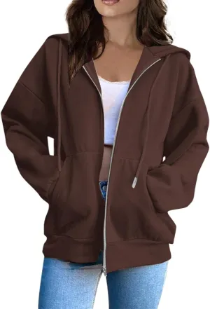 Womens Zip Up Hoodies Solid Color Long Sleeve Sweatshirts Casual Loose Lightweight Jacket with Pockets