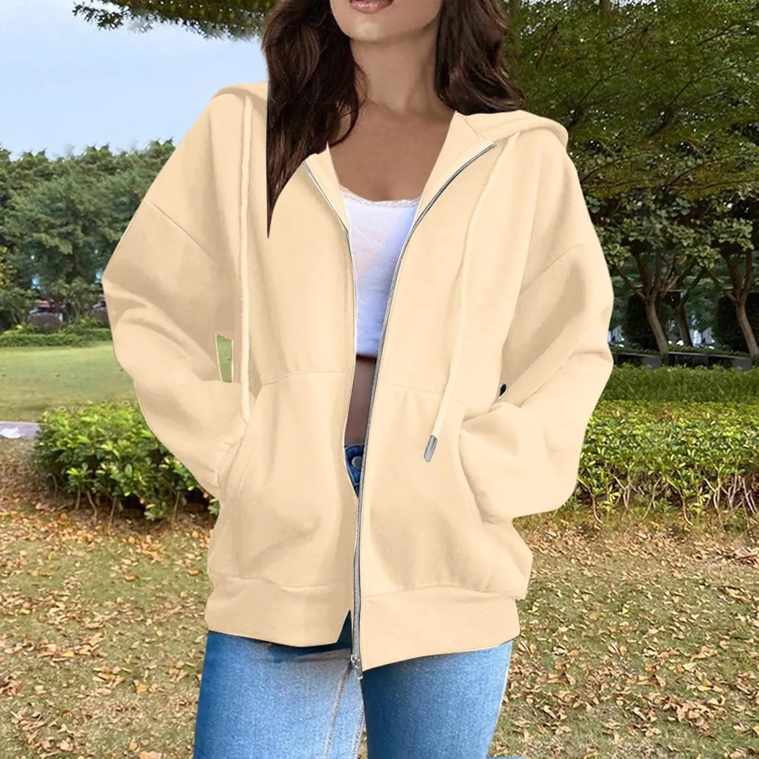 Womens Zip Up Hoodies Solid Color Long Sleeve Sweatshirts Casual Loose Lightweight Jacket with Pockets