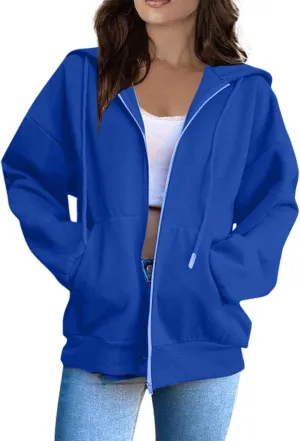 Womens Zip Up Hoodies Solid Color Long Sleeve Sweatshirts Casual Loose Lightweight Jacket with Pockets