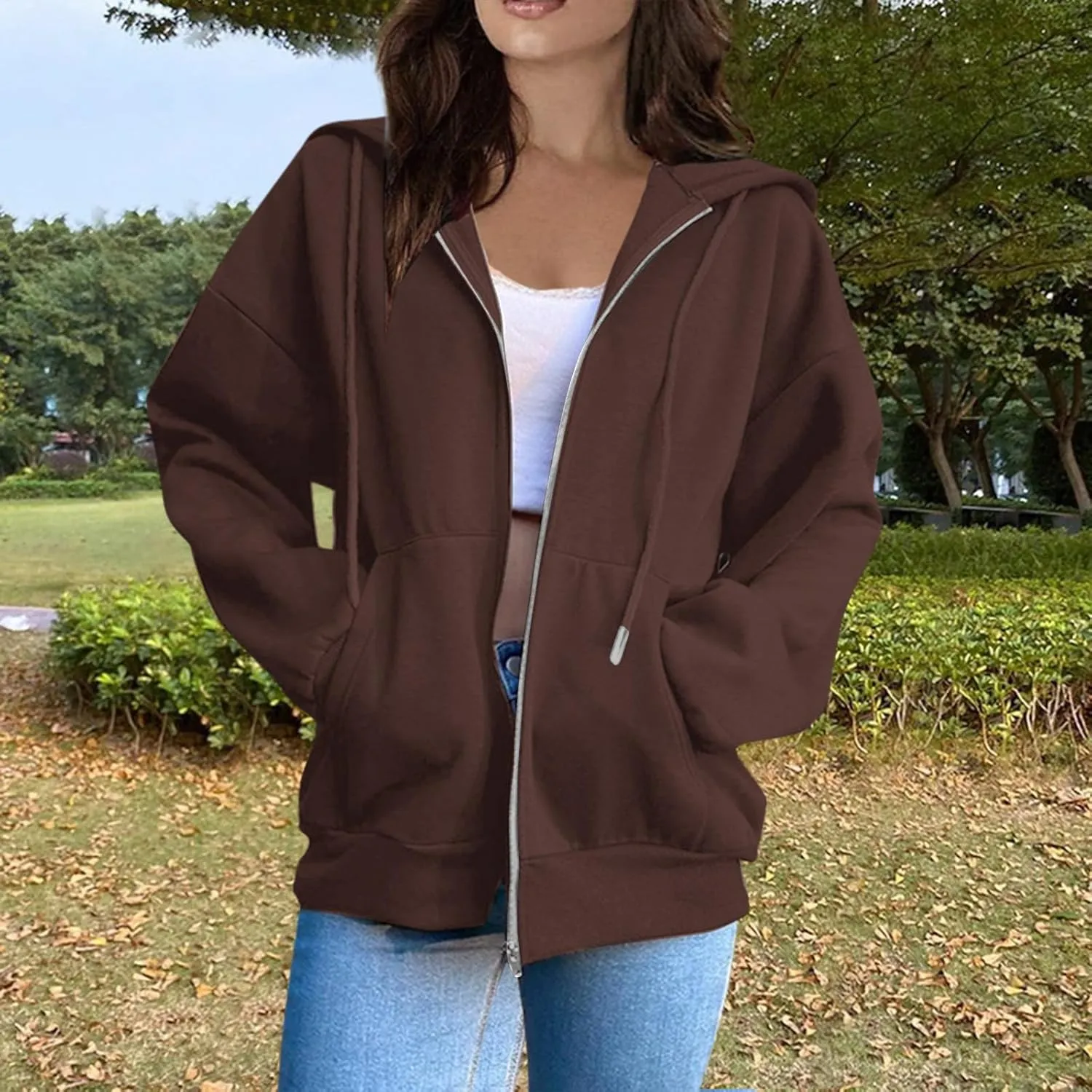 Womens Zip Up Hoodies Solid Color Long Sleeve Sweatshirts Casual Loose Lightweight Jacket with Pockets