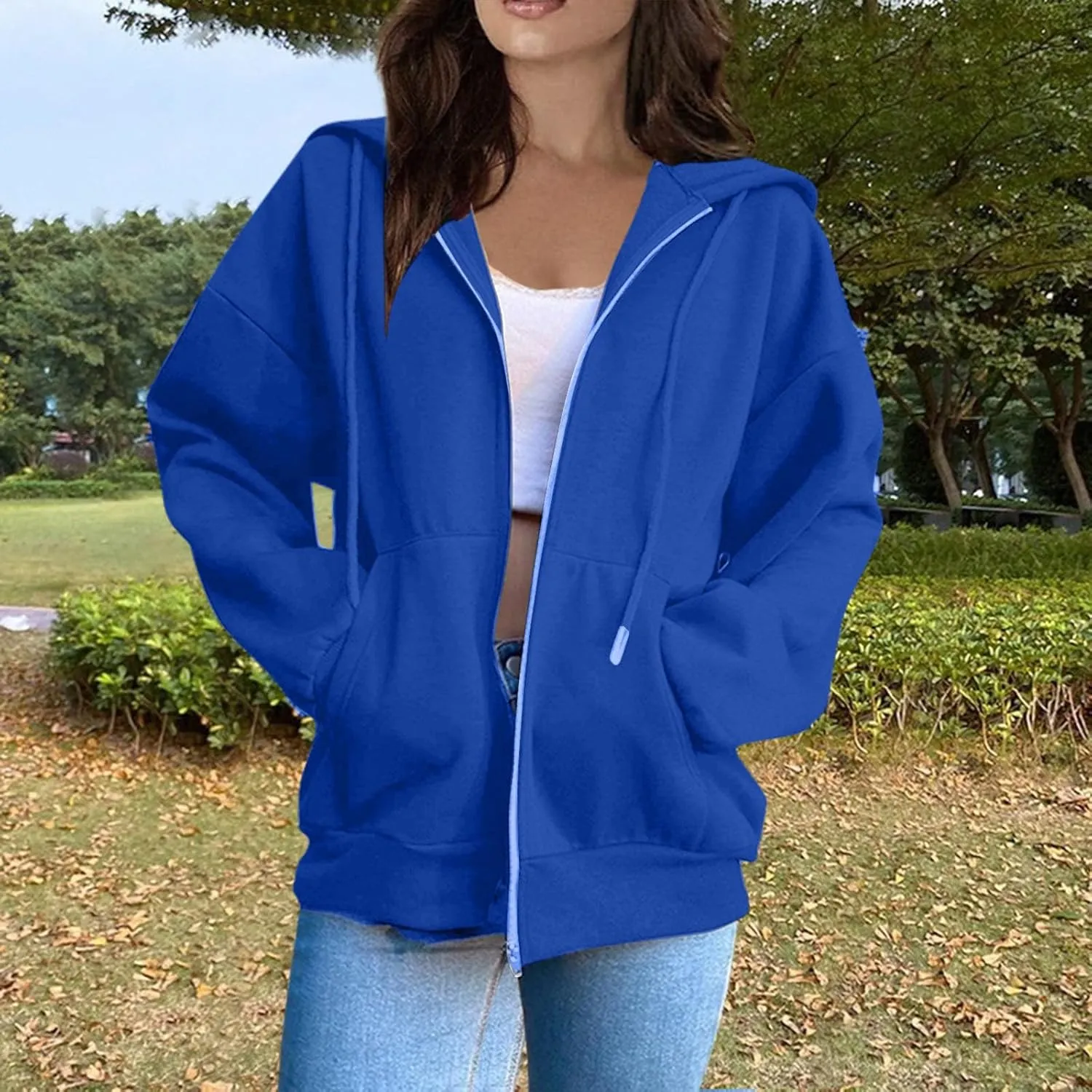 Womens Zip Up Hoodies Solid Color Long Sleeve Sweatshirts Casual Loose Lightweight Jacket with Pockets