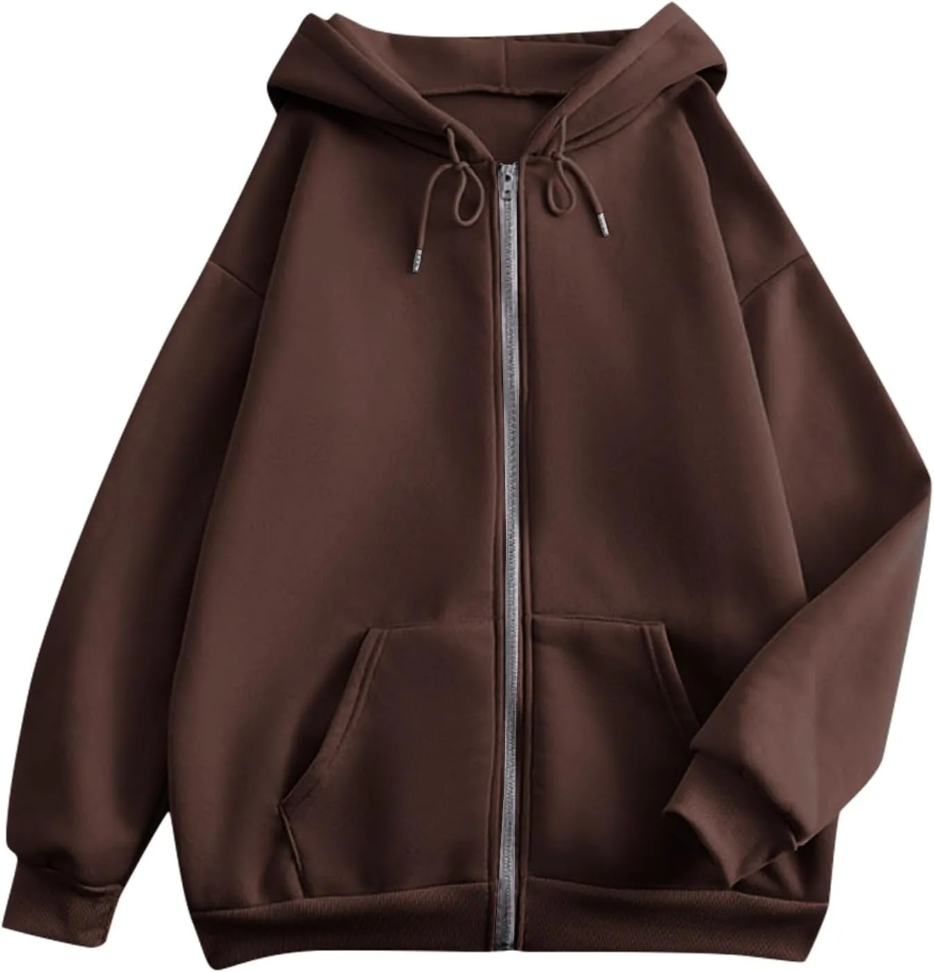 Womens Zip Up Hoodies Solid Color Long Sleeve Sweatshirts Casual Loose Lightweight Jacket with Pockets