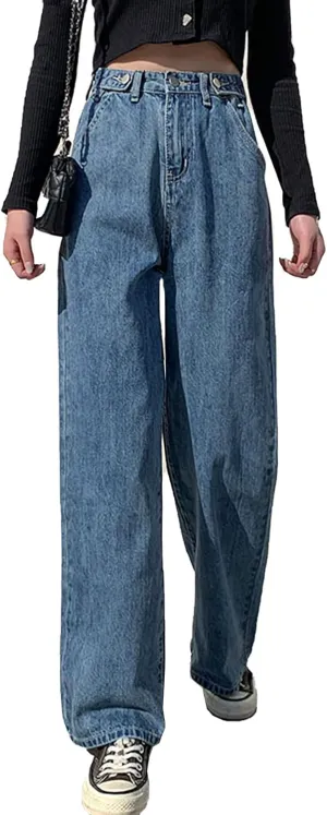 Xineicy Women's Baggy Boyfriend Jeans High Waist Distressed Denim Pants Wide Leg Straight Trousers Streetwear Pants