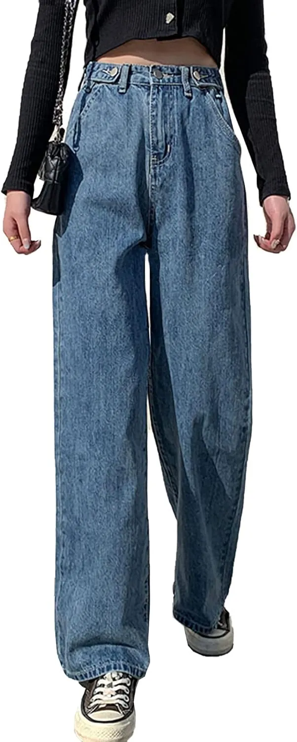 Xineicy Women's Baggy Boyfriend Jeans High Waist Distressed Denim Pants Wide Leg Straight Trousers Streetwear Pants
