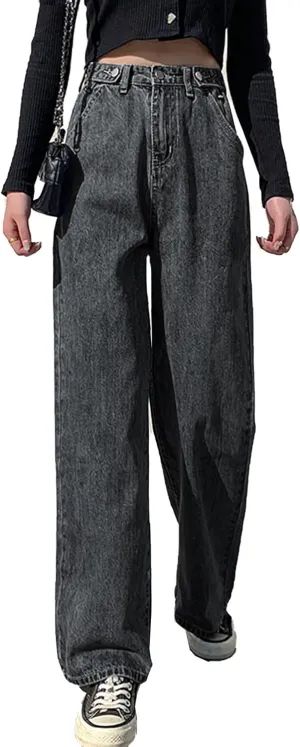 Xineicy Women's Baggy Boyfriend Jeans High Waist Distressed Denim Pants Wide Leg Straight Trousers Streetwear Pants