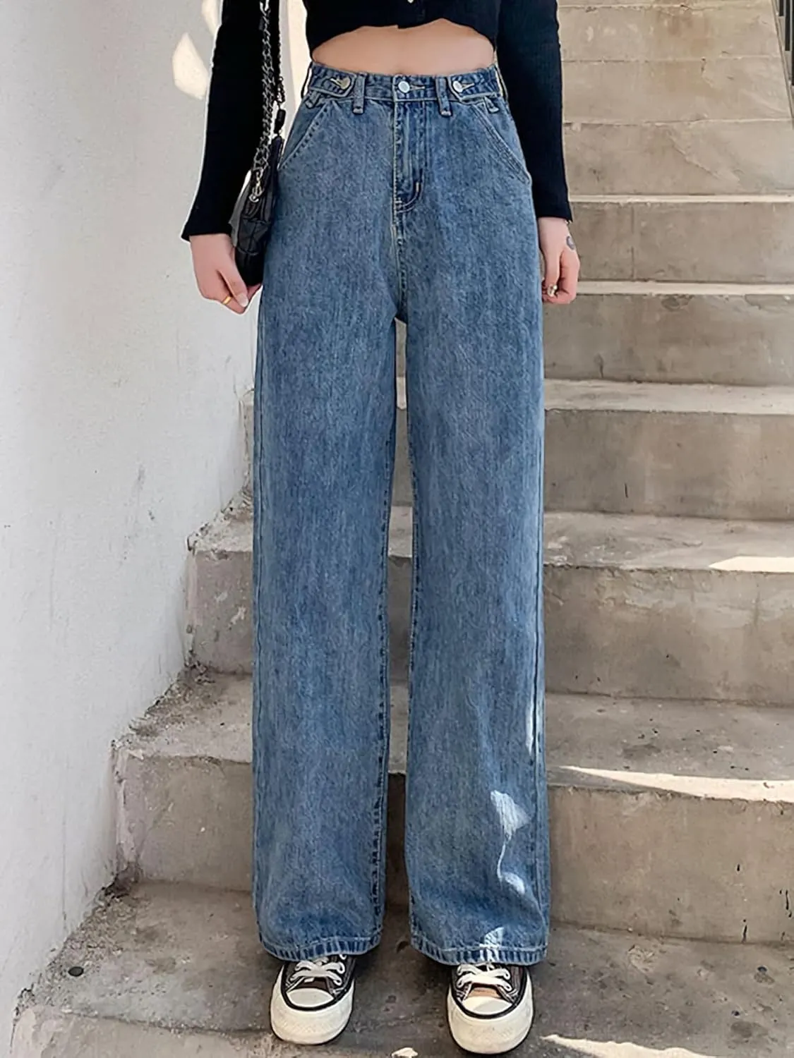 Xineicy Women's Baggy Boyfriend Jeans High Waist Distressed Denim Pants Wide Leg Straight Trousers Streetwear Pants