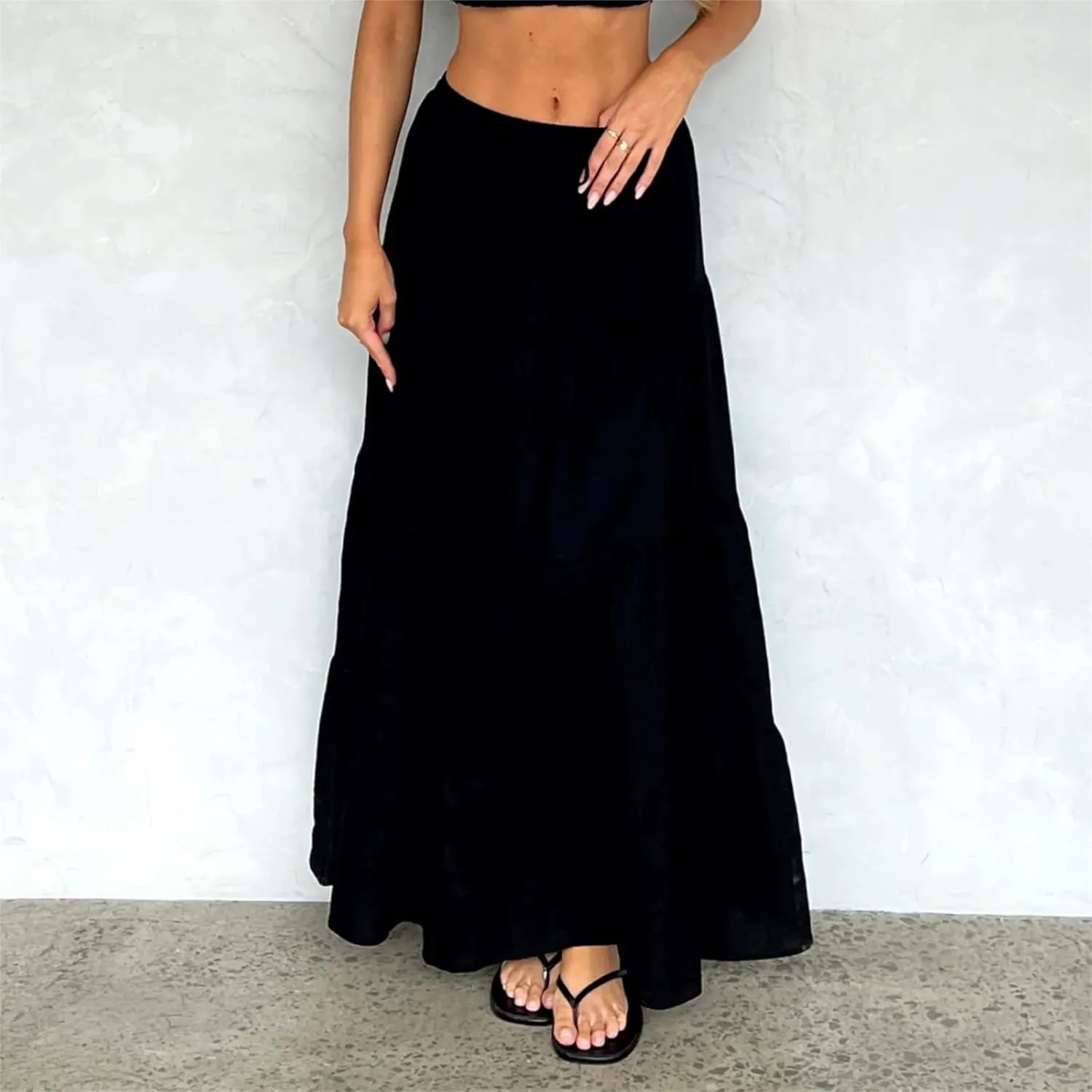 Y2k Women Boho Tiered Maxi Skirt Ruffle Pleated A Line Flowy Long Skirts Elastic Waist Beach Midi Skirt Casual