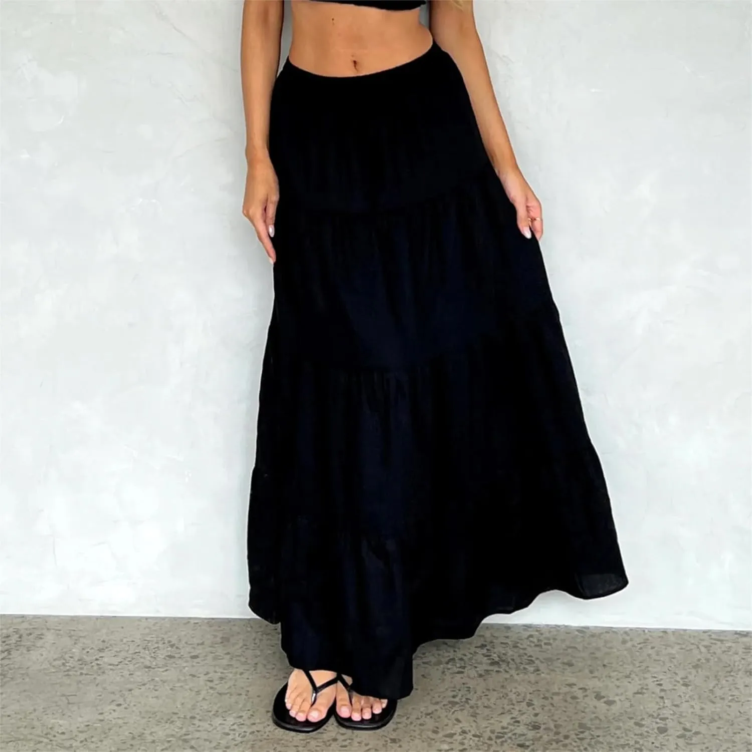 Y2k Women Boho Tiered Maxi Skirt Ruffle Pleated A Line Flowy Long Skirts Elastic Waist Beach Midi Skirt Casual
