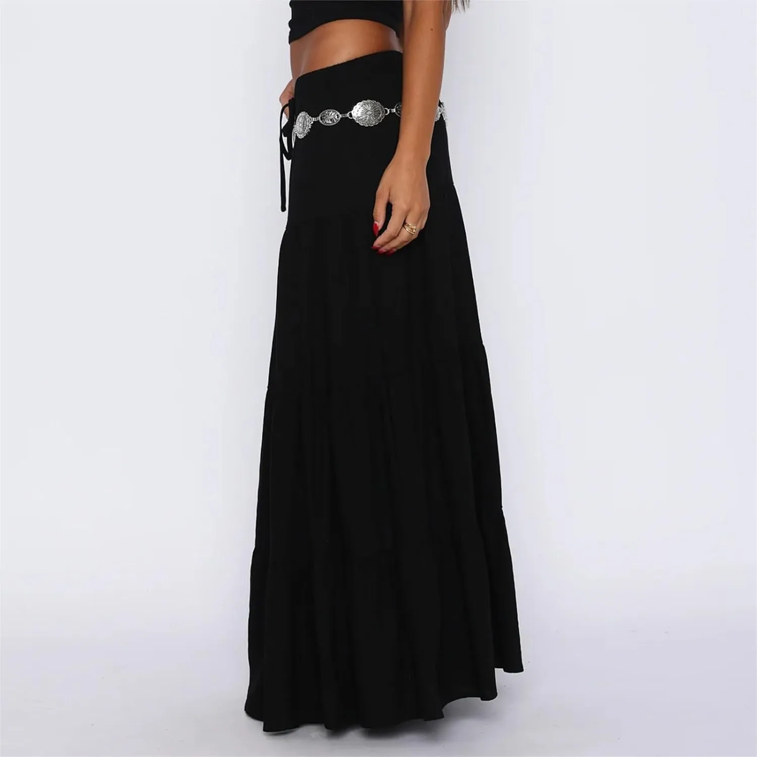 Y2k Women Boho Tiered Maxi Skirt Ruffle Pleated A Line Flowy Long Skirts Elastic Waist Beach Midi Skirt Casual