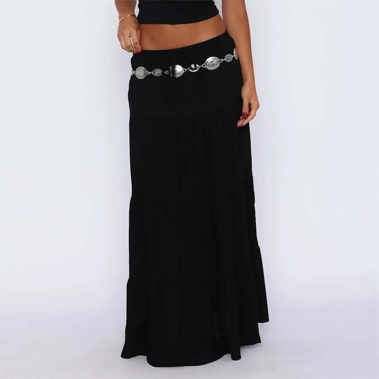 Y2k Women Boho Tiered Maxi Skirt Ruffle Pleated A Line Flowy Long Skirts Elastic Waist Beach Midi Skirt Casual