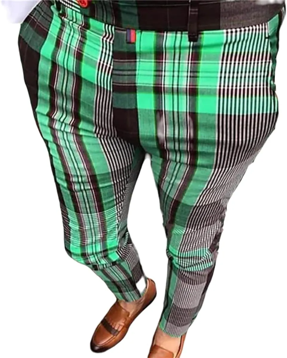YIBIMOTTO Straight Dress Pants for Mens Business Suit Plaid Slacks Pants Slim Fit Pants Skinny Twill Checkered Casual Chino Long Trousers with Pockets,Green Stripe,3XL
