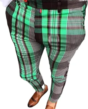 YIBIMOTTO Straight Dress Pants for Mens Business Suit Plaid Slacks Pants Slim Fit Pants Skinny Twill Checkered Casual Chino Long Trousers with Pockets,Green Stripe,3XL