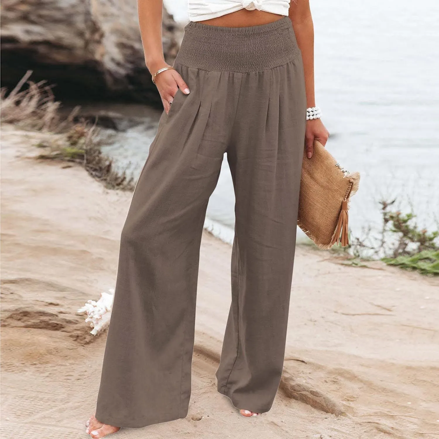 YOLAI Cotton Linen Palazzo Pants for Women Smocked High Elastic Waist Loose Trousers Comfy Wide Leg Pants with Pockets (Coffee, S)