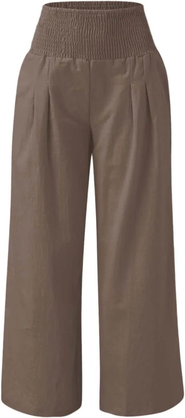 YOLAI Cotton Linen Palazzo Pants for Women Smocked High Elastic Waist Loose Trousers Comfy Wide Leg Pants with Pockets (Coffee, S)