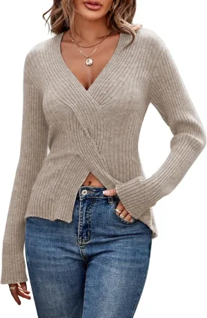 ZAFUL Women's Criss Cross V Neck Sweaters 2024 Dressy Casual Front Slit Ribbed Knit Pullover Sweater Jumper Tops