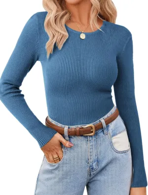 Zeagoo Women's Long Sleeve Ribbed Shirt 2025 Fall Knit Sweater Basic Slim Fit Tops Crewneck Cute Outfits