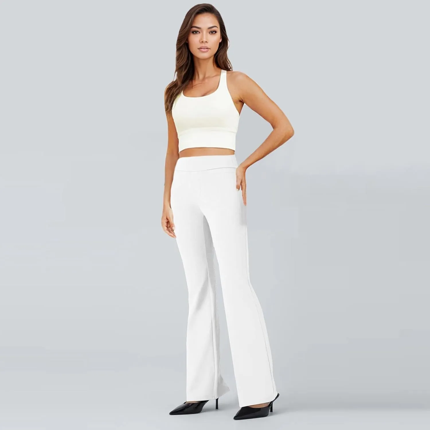 ZEFOTIM Flare Pants for Women Elastic Waist High Waisted Trouser Solid Color Curvy Trousers with Pocket
