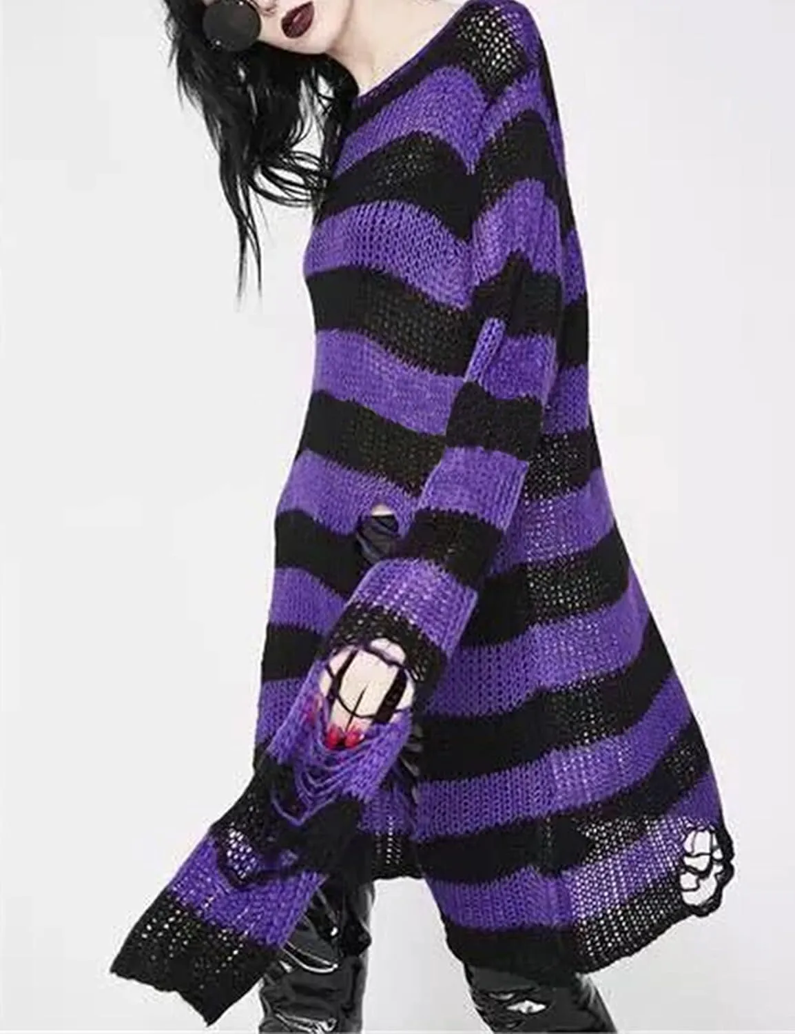 Zhiyouni Punk Gothic Sweater for Women Men Hollow Out Loose Knit Pullover Tops