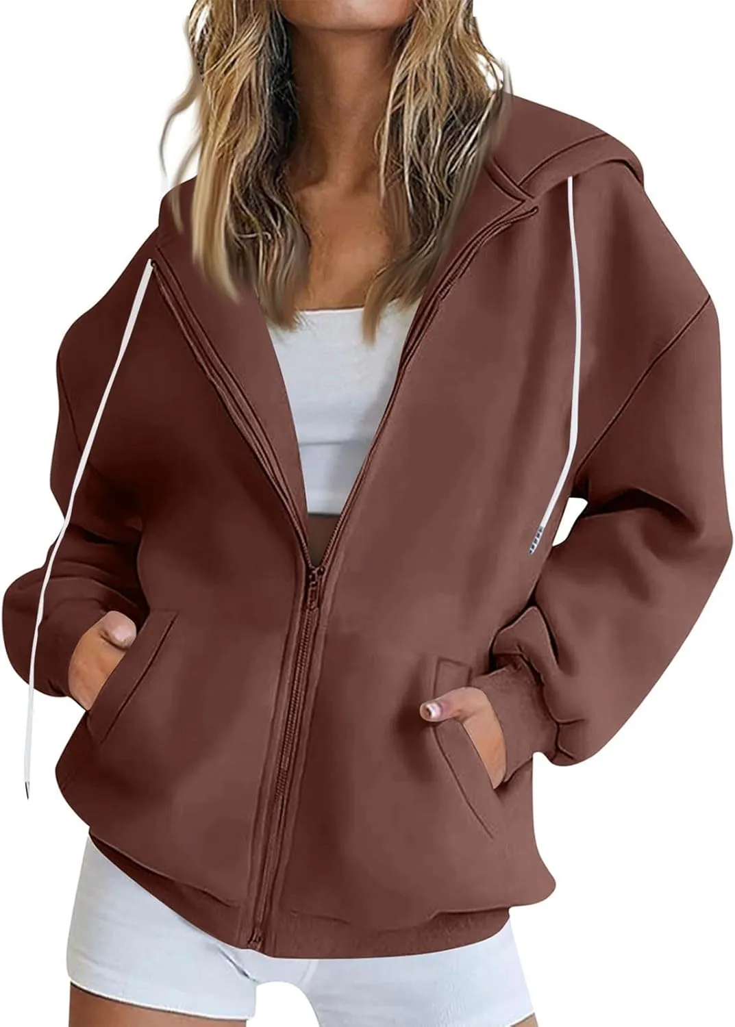 Zip Up Hoodie Women Fleece Oversized Sweatshirt Hoodies Casual Drawstring Hooded Sports Sweat Jackets with Pockets