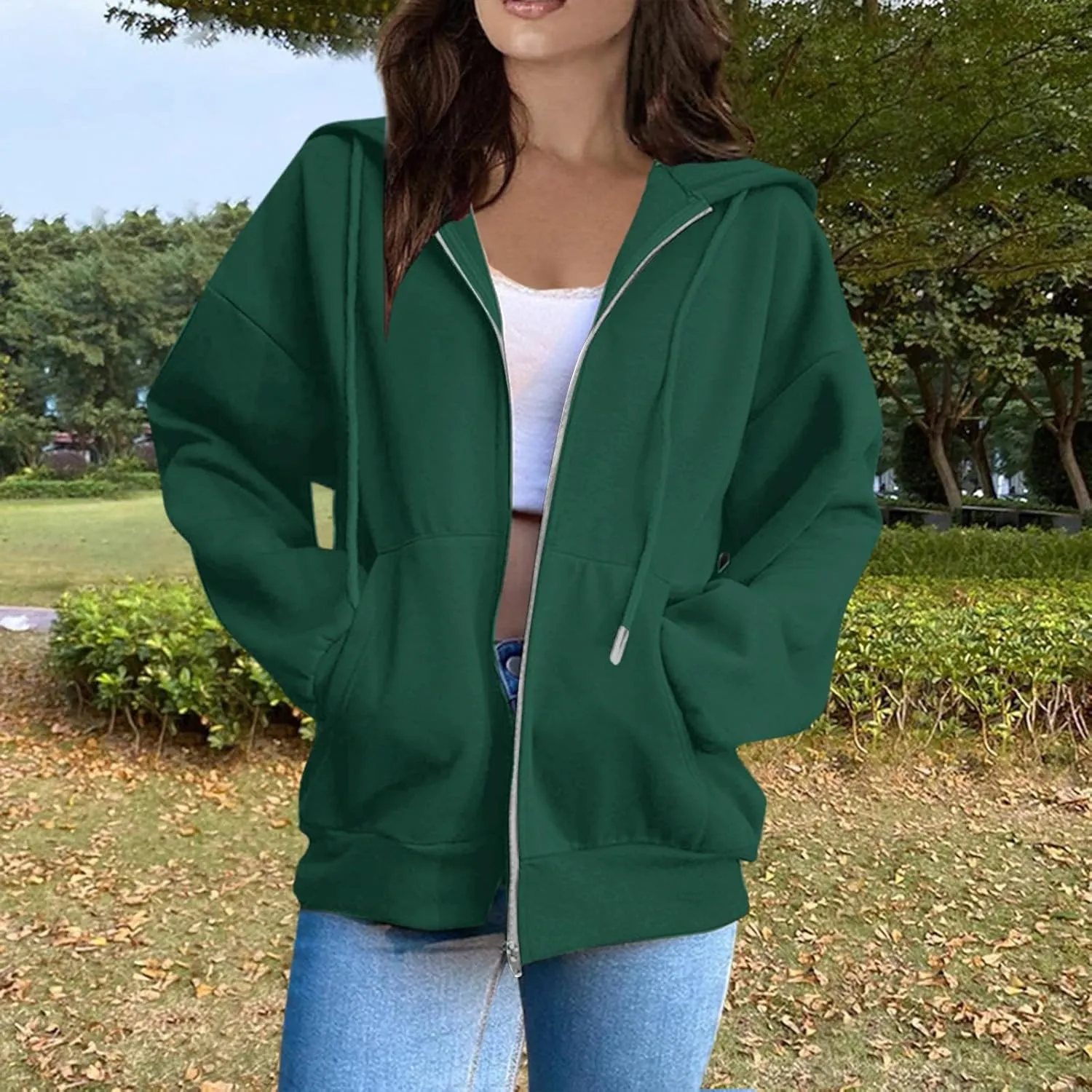 Zip Up Hoodie Women Long Sleeve Oversized Sweatshirts Y2K Jacket Pockets Patchwork Design T-Shirt Hoodie