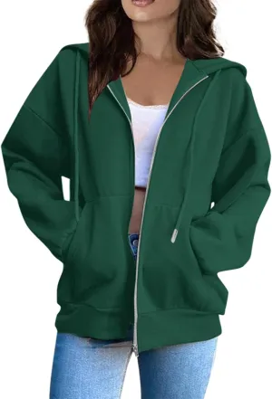 Zip Up Hoodie Women Long Sleeve Oversized Sweatshirts Y2K Jacket Pockets Patchwork Design T-Shirt Hoodie